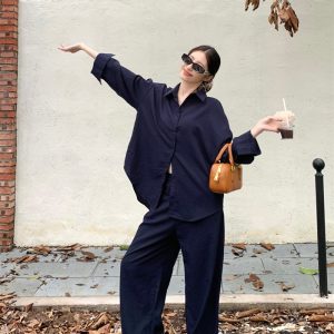 Women's Navy Blue Lazy Loose Shirt and Wide-Leg Pants Two-Piece Set
