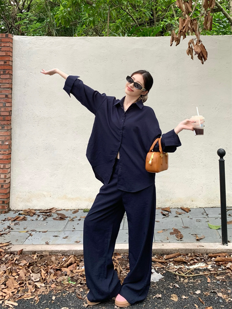 Women's Navy Blue Lazy Loose Shirt and Wide-Leg Pants Two-Piece Set