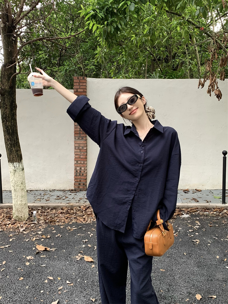 Women's Navy Blue Lazy Loose Shirt and Wide-Leg Pants Two-Piece Set - Image 2