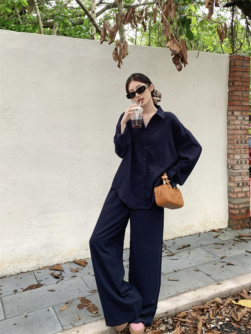 Women's Navy Blue Lazy Loose Shirt and Wide-Leg Pants Two-Piece Set - Image 4