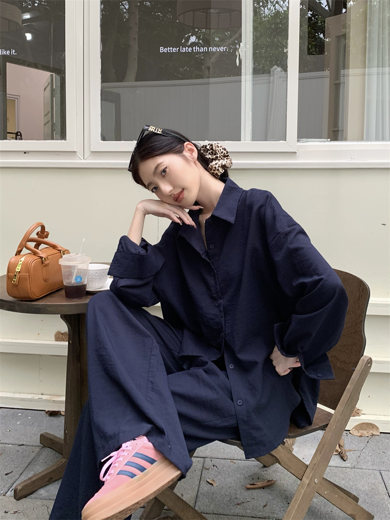 Women's Navy Blue Lazy Loose Shirt and Wide-Leg Pants Two-Piece Set - Image 3
