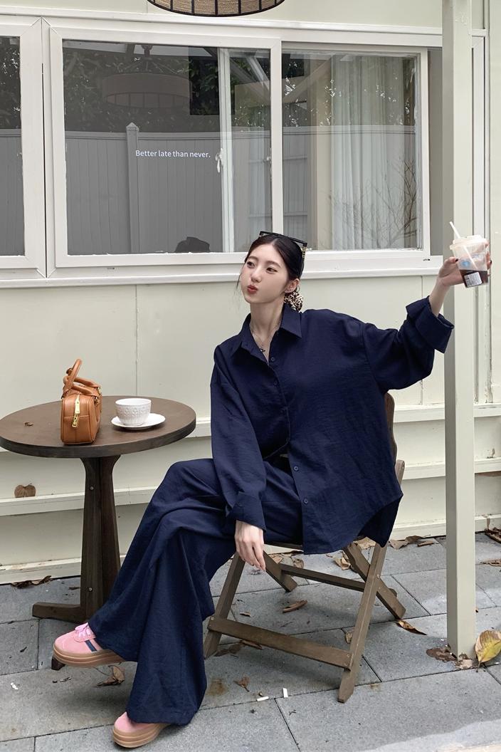 Women's Navy Blue Lazy Loose Shirt and Wide-Leg Pants Two-Piece Set - Image 5
