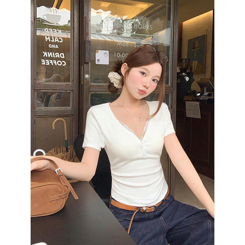Korean Lace V-Neck Short Sleeve T-Shirt with Bra Pads Women Summer Slimming Pleated Top