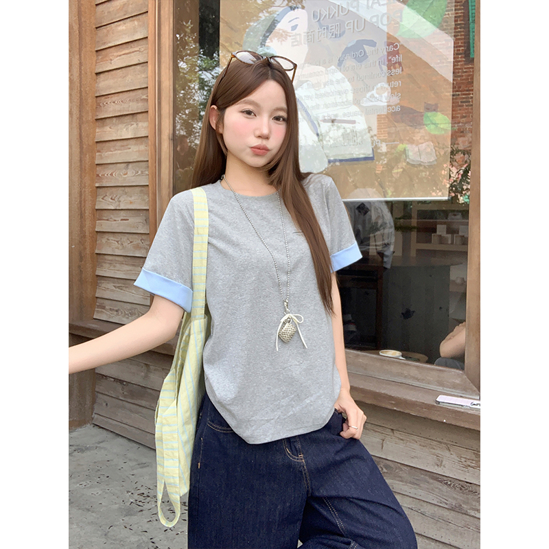Korean Minimalist Color Block Rolled Sleeve Short Sleeve T-Shirt Women Summer New Loose Casual Versatile Gray Blue Patchwork Top