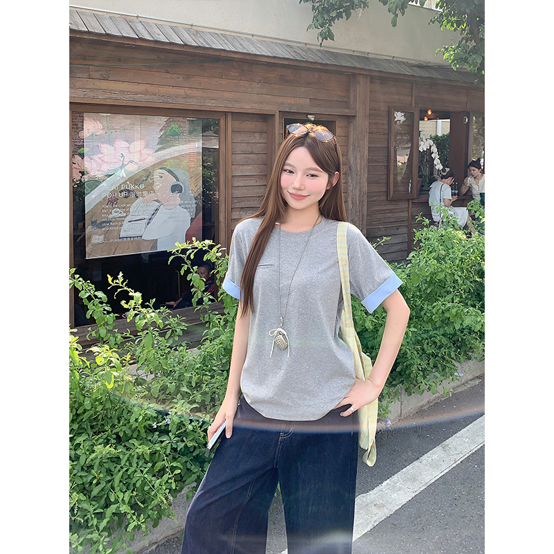 Korean Minimalist Color Block Rolled Sleeve Short Sleeve T-Shirt Women Summer New Loose Casual Versatile Gray Blue Patchwork Top - Image 2