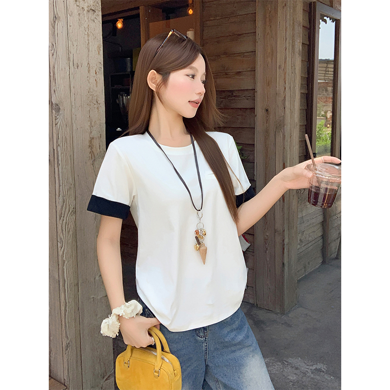 Korean Minimalist Color Block Rolled Sleeve Short Sleeve T-Shirt Women Summer New Loose Casual Versatile Gray Blue Patchwork Top - Image 5