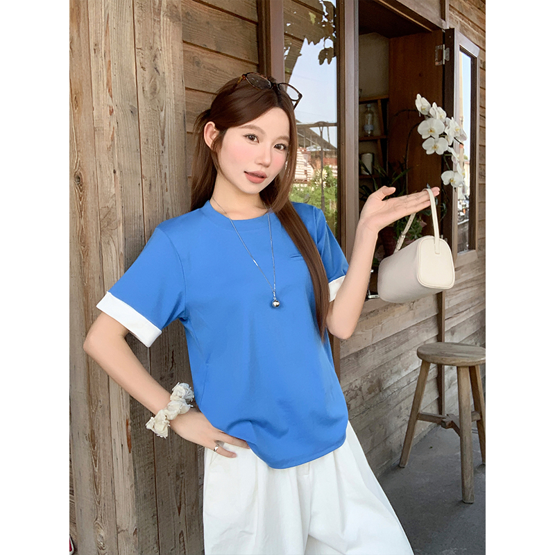 Klein Blue Colorblock White Trim Short Sleeve T-Shirt Women Summer Korean Loose Slimming Round Neck Top