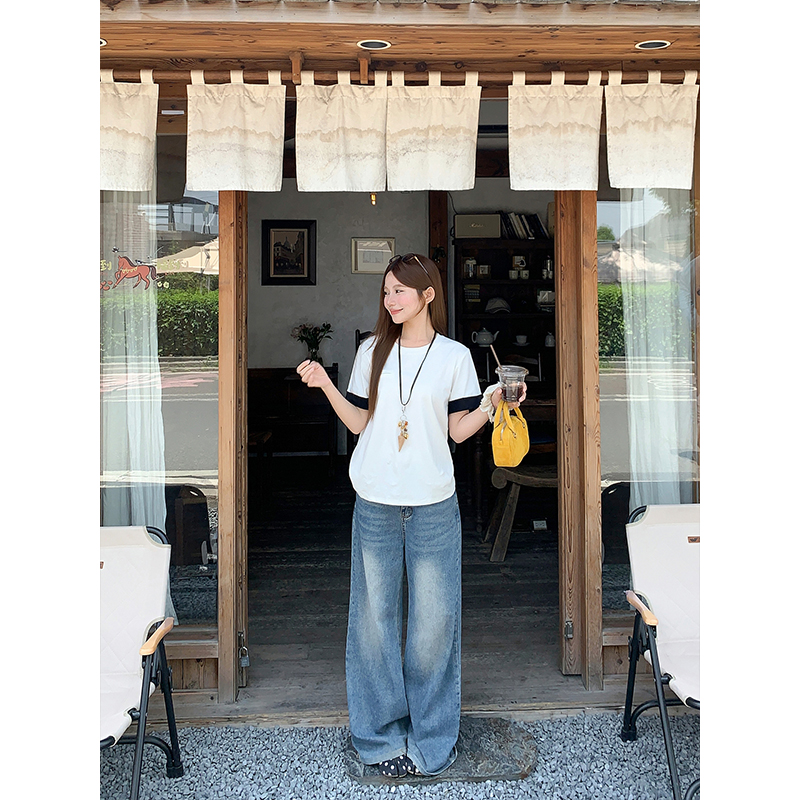 Klein Blue Colorblock White Trim Short Sleeve T-Shirt Women Summer Korean Loose Slimming Round Neck Top - Image 4