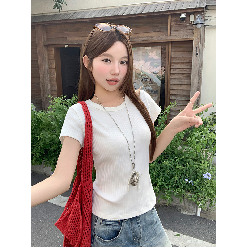 Ribbed Slim Fit White Short Sleeve T-Shirt for Women Summer New Basic Crew Neck Slimming Versatile Commute Base Layer Top