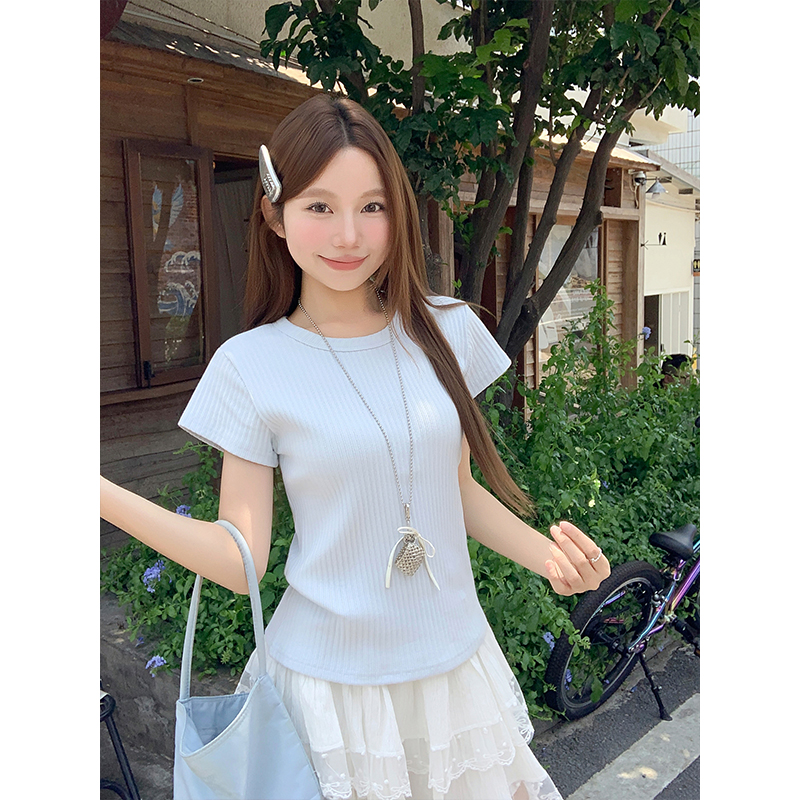 Ribbed Slim Fit White Short Sleeve T-Shirt for Women Summer New Basic Crew Neck Slimming Versatile Commute Base Layer Top - Image 2