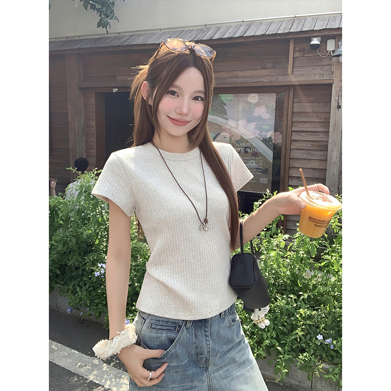 Ribbed Slim Fit White Short Sleeve T-Shirt for Women Summer New Basic Crew Neck Slimming Versatile Commute Base Layer Top - Image 3
