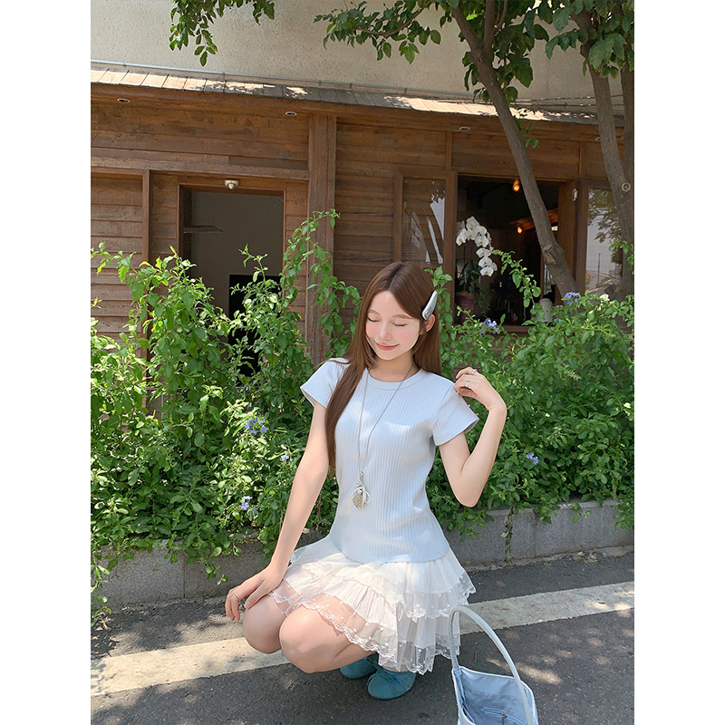 Ribbed Slim Fit White Short Sleeve T-Shirt for Women Summer New Basic Crew Neck Slimming Versatile Commute Base Layer Top - Image 4