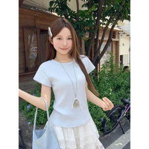 Korean Round Neck Ribbed Short Sleeve T-Shirt for Women Summer New Pure Desire Style Slim Fit Versatile Basic Top