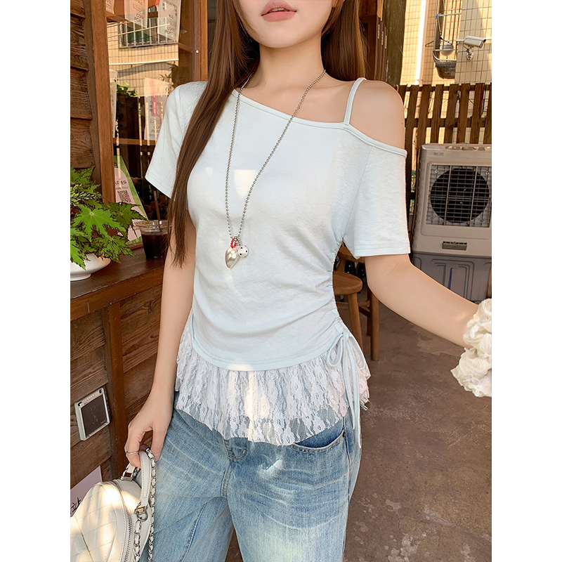 Women's Off-Shoulder Lace Panel T-Shirt Summer Slim Fit Short Sleeve Top - Image 3