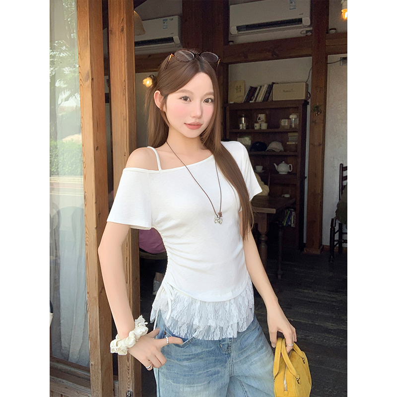 Women's Off-Shoulder Lace Panel T-Shirt Summer Slim Fit Short Sleeve Top