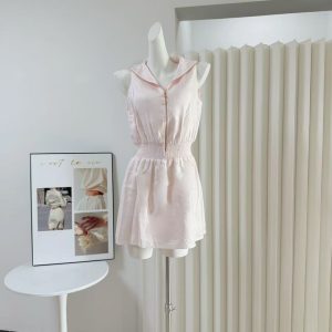 Minimalist White Lapel Pleated Sleeveless A-Line Dress for Women