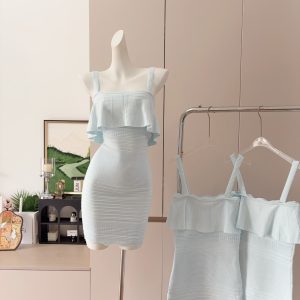 Blue Sleeveless Knit Cami Bodycon Dress with Ruffle Trim and Waist Cinch