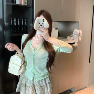 Light Mint Knit Cardigan and Green Floral Chiffon Skirt Two-Piece Set