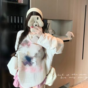 Women's Print Tencel Linen Long Sleeve Loose Sun Protection Top and Pink Tiered Cake Skirt Pants Two-Piece Set
