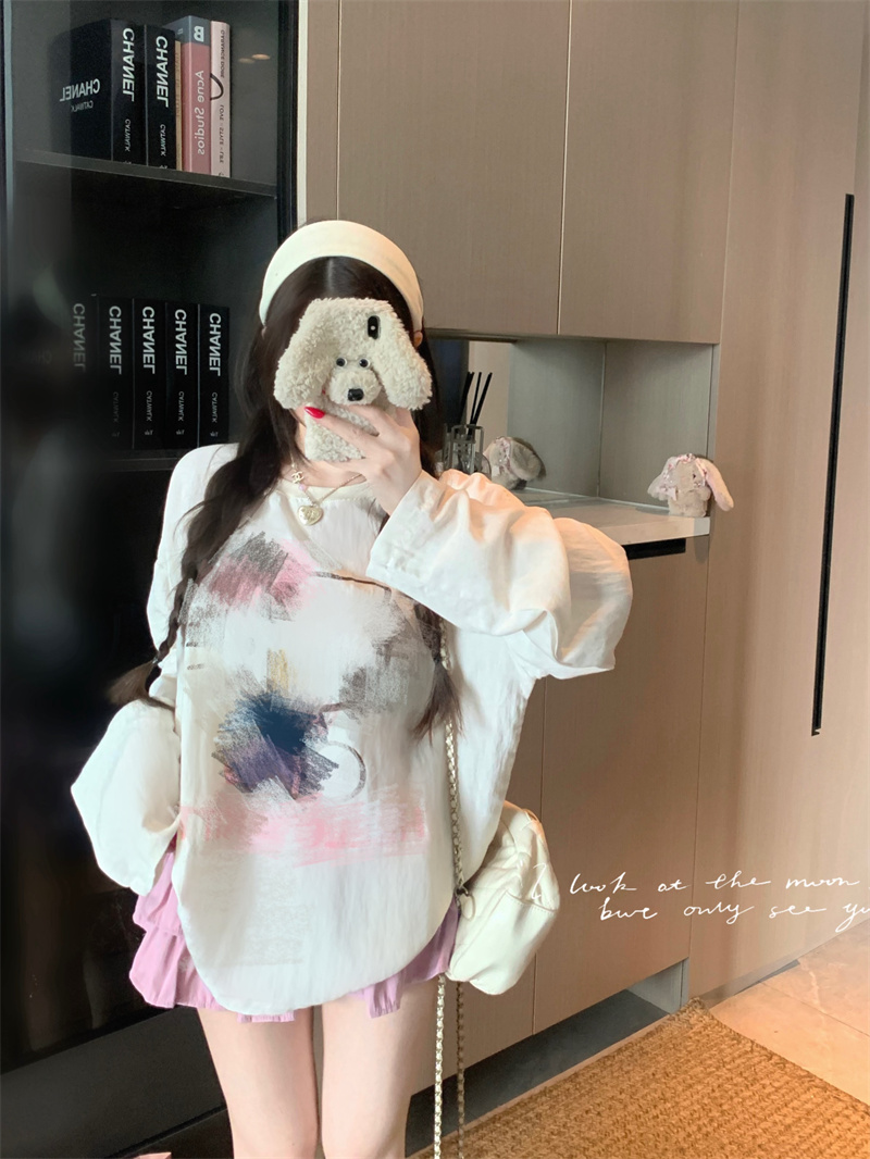 Women's Print Tencel Linen Long Sleeve Loose Sun Protection Top and Pink Tiered Cake Skirt Pants Two-Piece Set