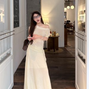 Women's Lyocell Knit Two-Piece Long Dress Set with U-Neck