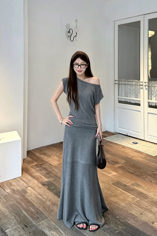 Women's Lyocell Knit Two-Piece Long Dress Set with U-Neck - Image 5