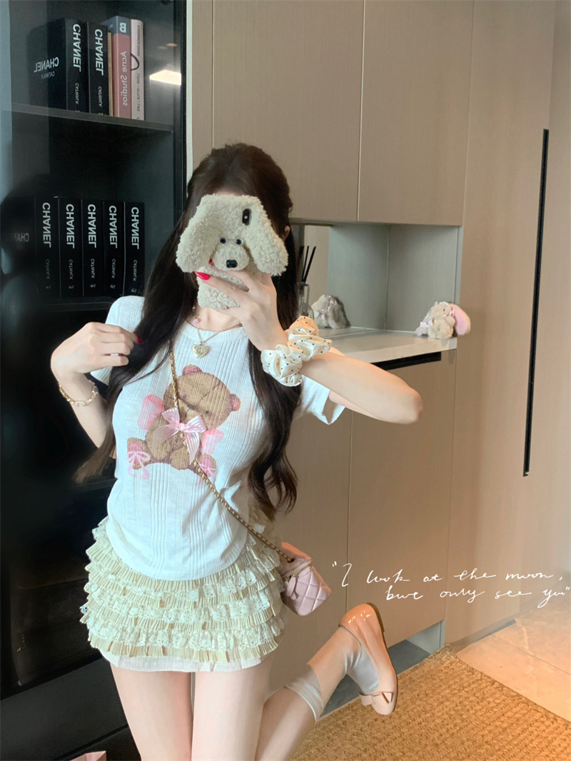 Cute Bear Print Short Sleeve T-Shirt and Lace Tiered Skirt Two-Piece Set