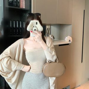 Women's Long Sleeve Two-Piece Set with Tube Top and Outer Cardigan for Early Autumn