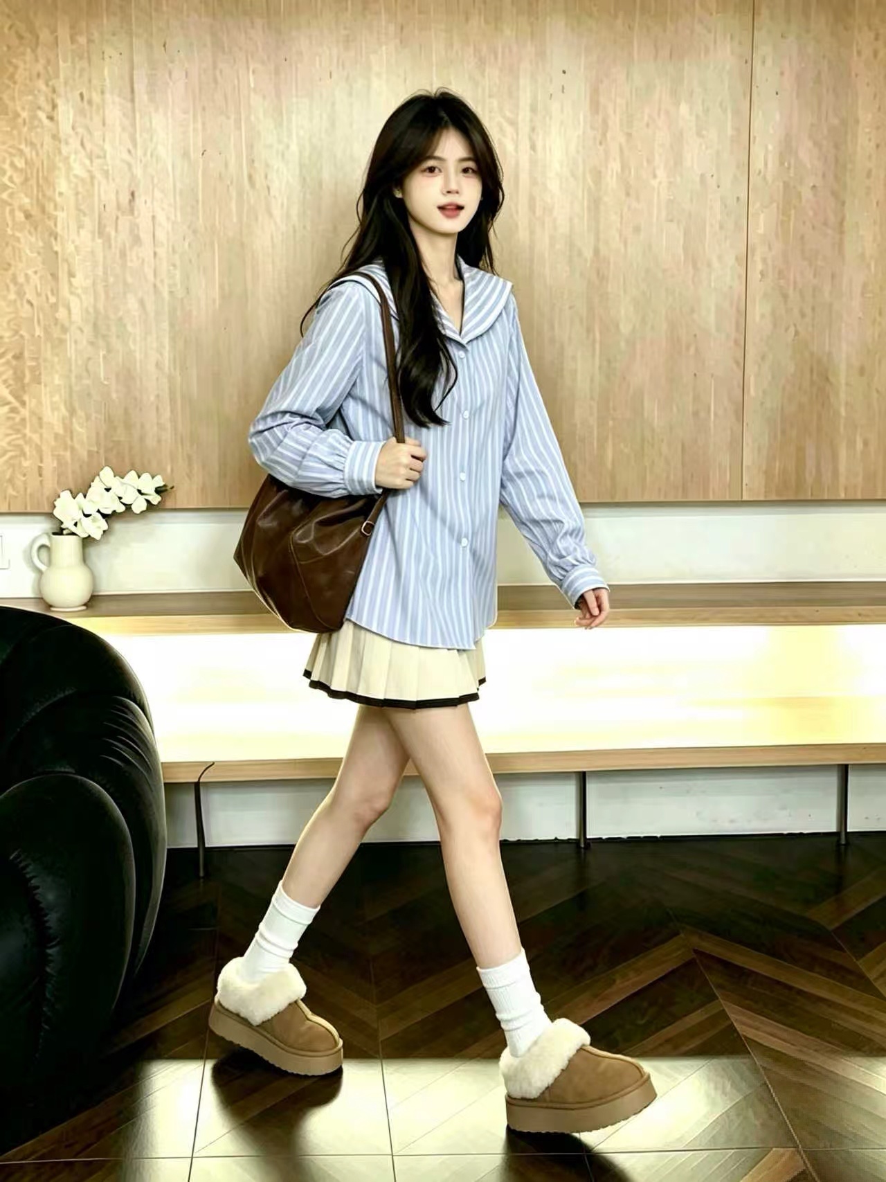 Women's Blue Sailor Collar Striped Shirt 2026 Korean Chic Long Sleeve Top - Image 2