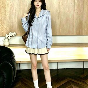 Women's Blue Sailor Collar Striped Shirt 2026 Korean Chic Long Sleeve Top