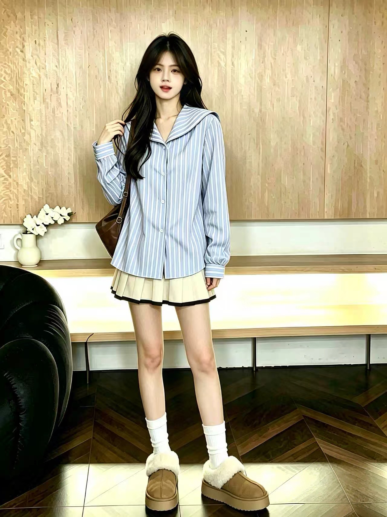 Women's Blue Sailor Collar Striped Shirt 2026 Korean Chic Long Sleeve Top