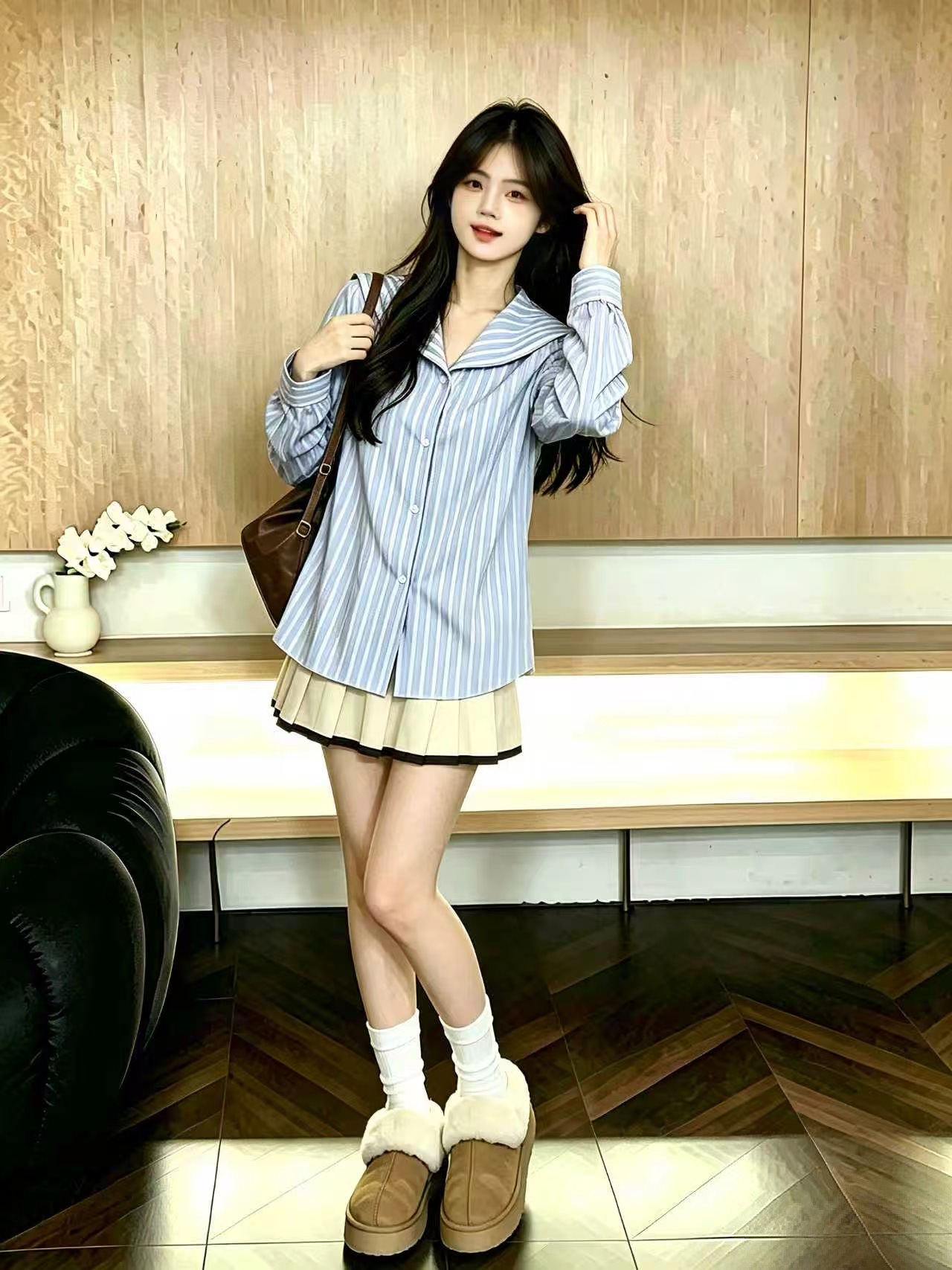Women's Blue Sailor Collar Striped Shirt 2026 Korean Chic Long Sleeve Top - Image 3