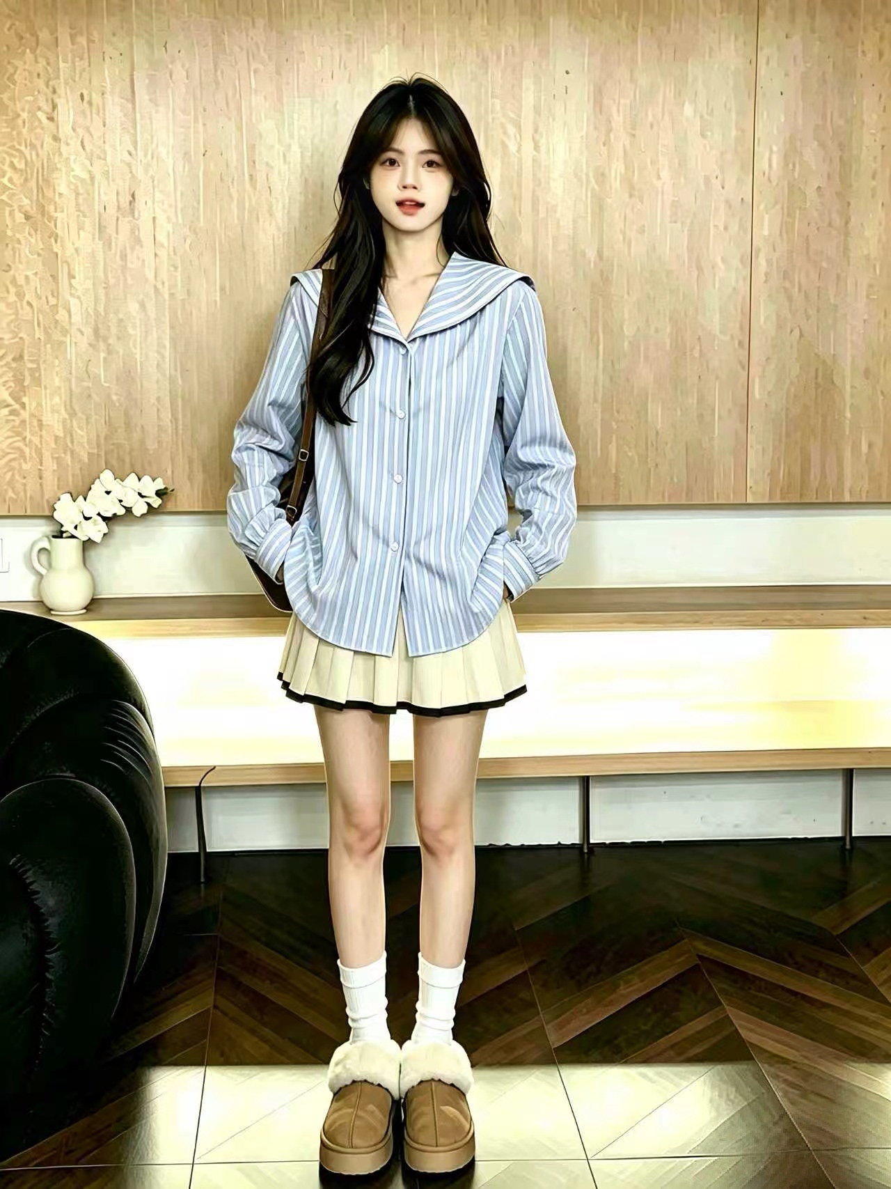 Women's Blue Sailor Collar Striped Shirt 2026 Korean Chic Long Sleeve Top - Image 4