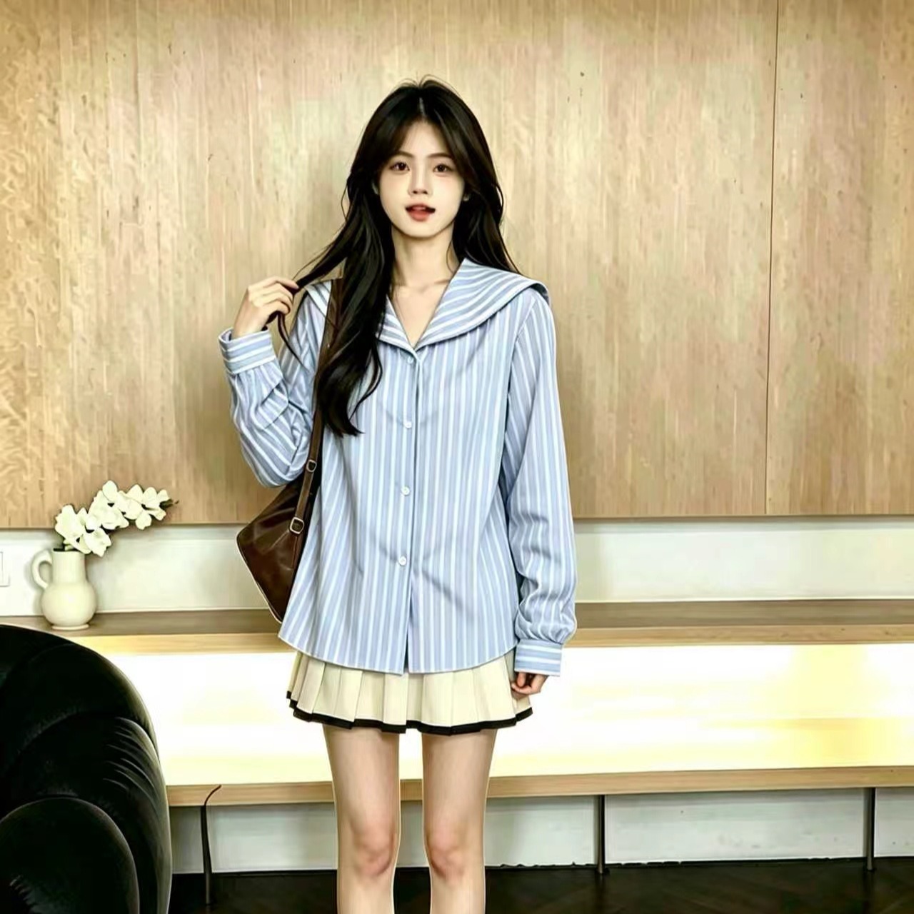 Women's Blue Sailor Collar Striped Shirt 2026 Korean Chic Long Sleeve Top - Image 5