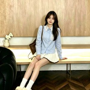 Women's Blue Lace Trim Collared Sun Protection Long Sleeve Shirt Light Luxury Top 2026 Early Autumn
