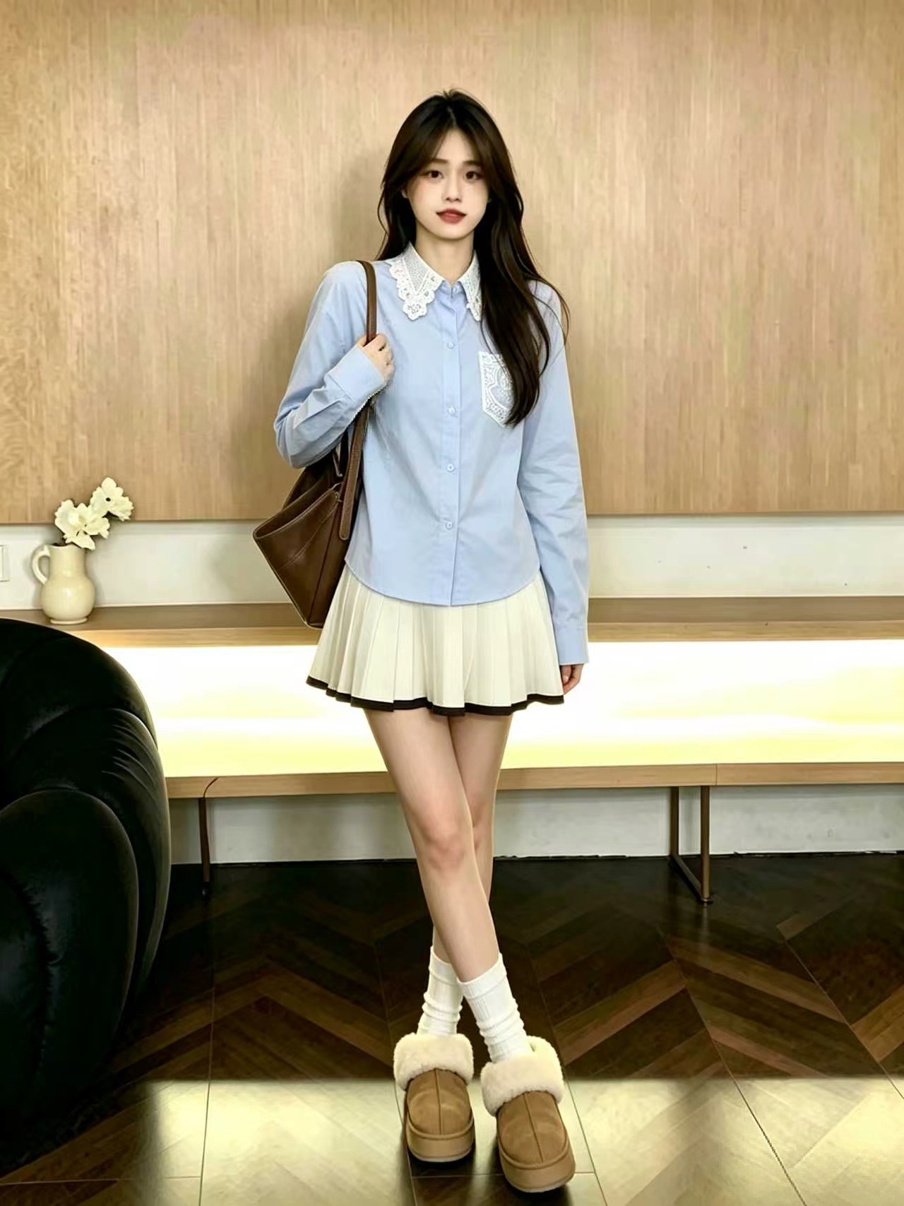 Women's Blue Lace Trim Collared Sun Protection Long Sleeve Shirt Light Luxury Top 2026 Early Autumn - Image 2