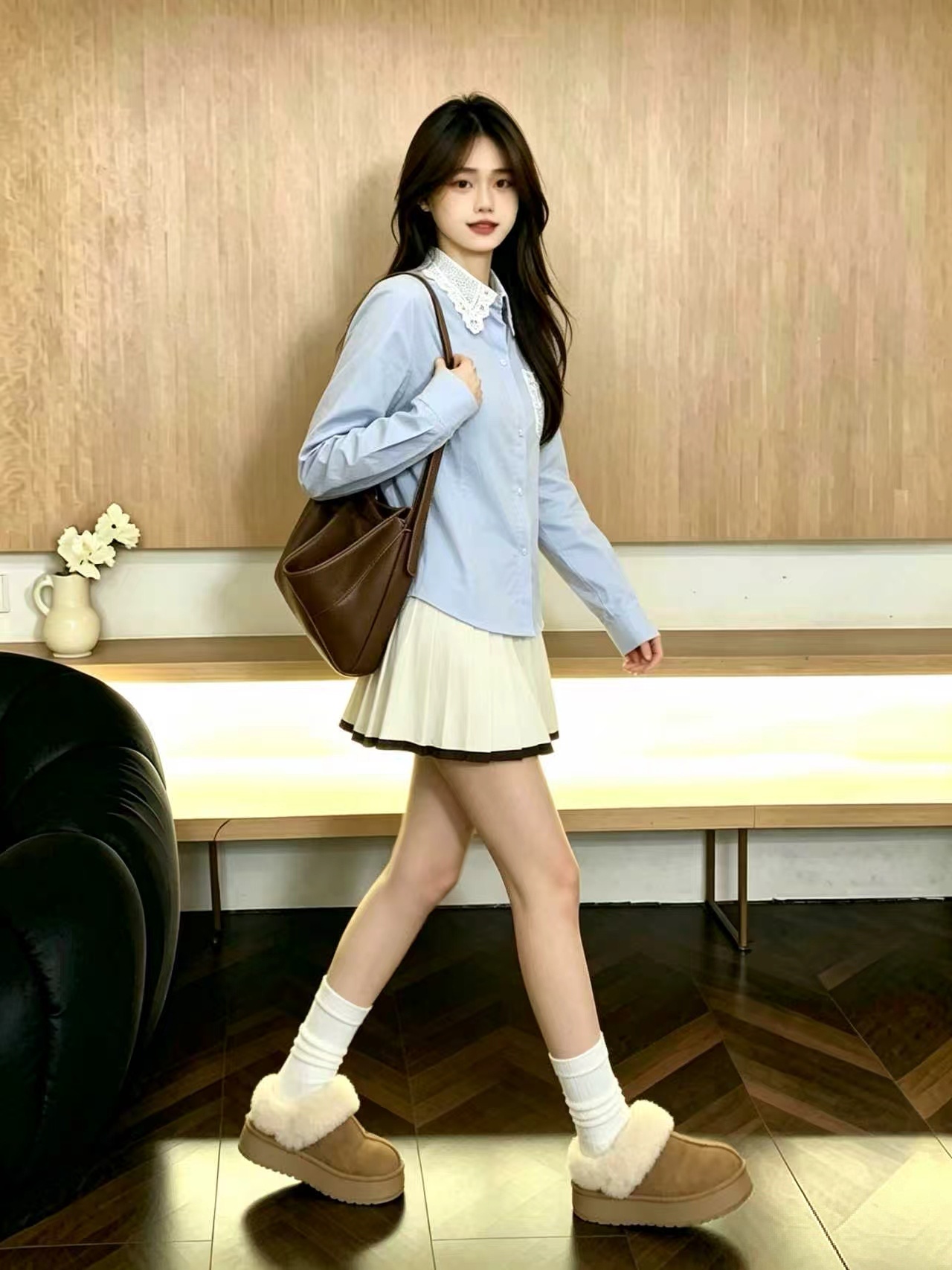 Women's Blue Lace Trim Collared Sun Protection Long Sleeve Shirt Light Luxury Top 2026 Early Autumn - Image 3
