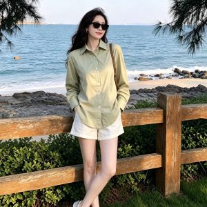 Light Khaki Green Collared Long Sleeve Shirt Women 2026 Autumn Commute Wear
