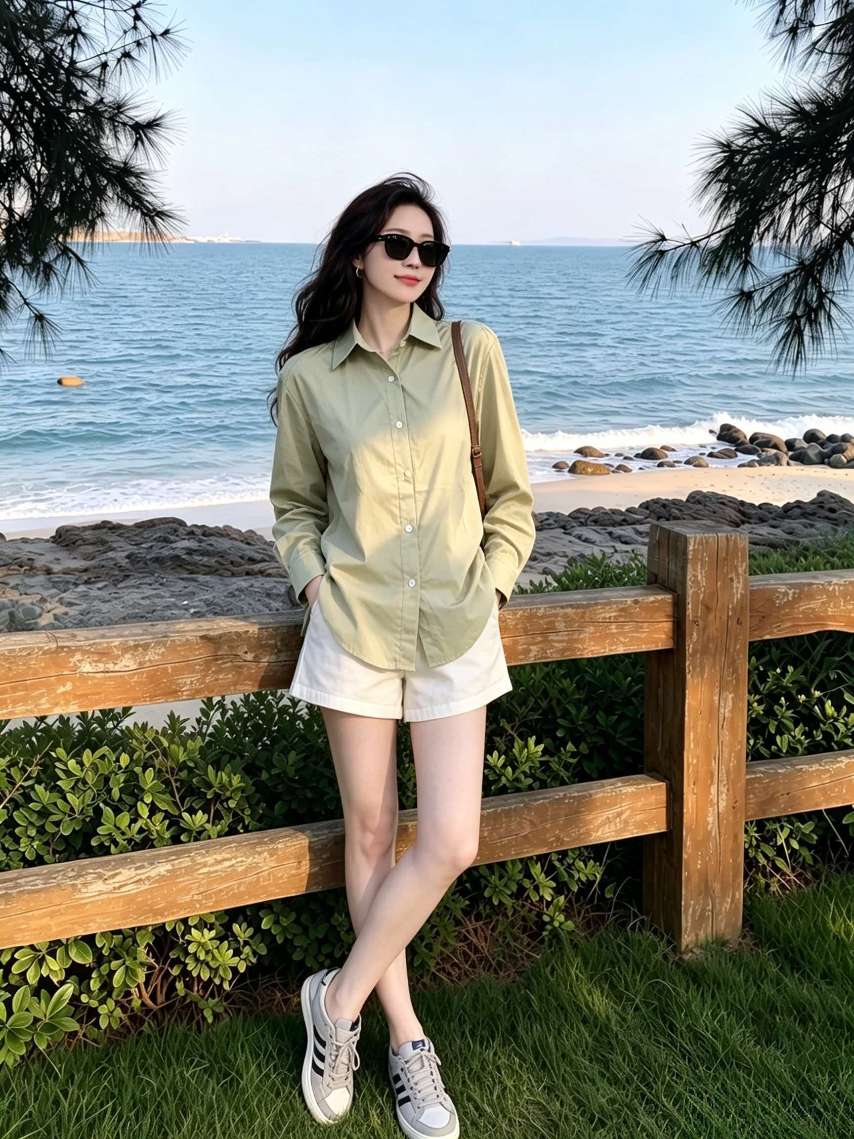 Light Khaki Green Collared Long Sleeve Shirt Women 2026 Autumn Commute Wear