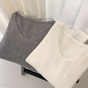 Women's Wool V-Neck Lace Pearl Knit Sweater - Elegant Pullover Top