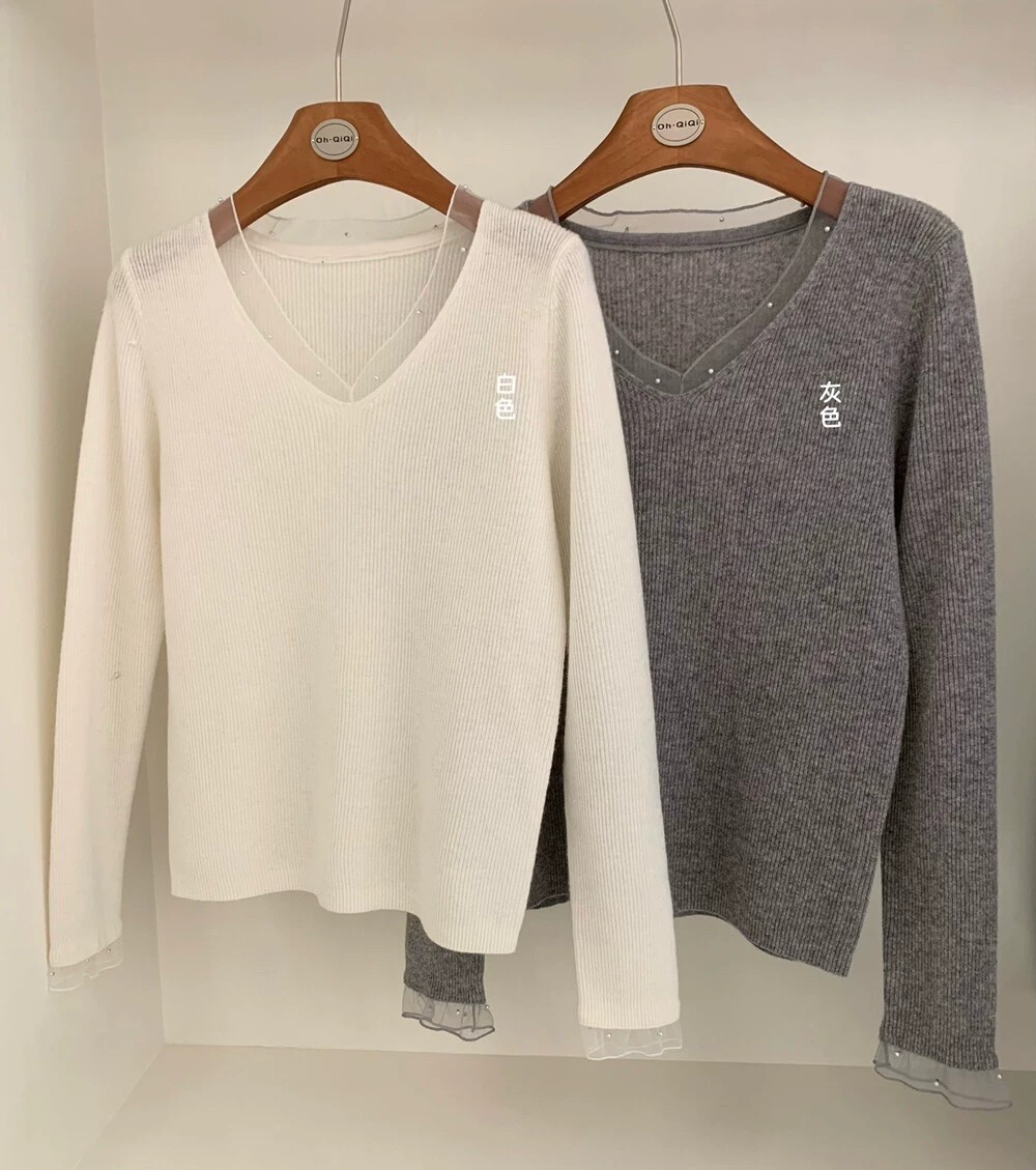 Women's Wool V-Neck Lace Pearl Knit Sweater - Elegant Pullover Top - Image 3
