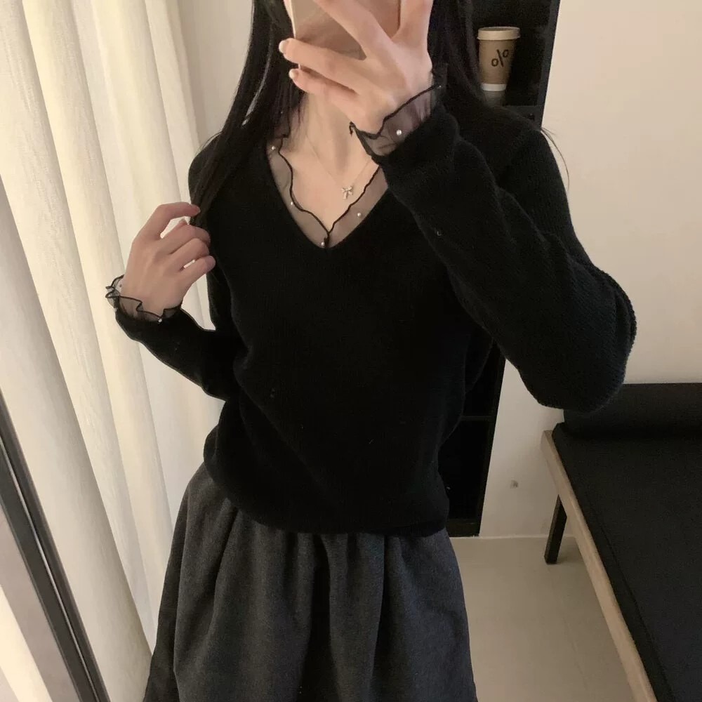 Women's Wool V-Neck Lace Pearl Knit Sweater - Elegant Pullover Top - Image 5