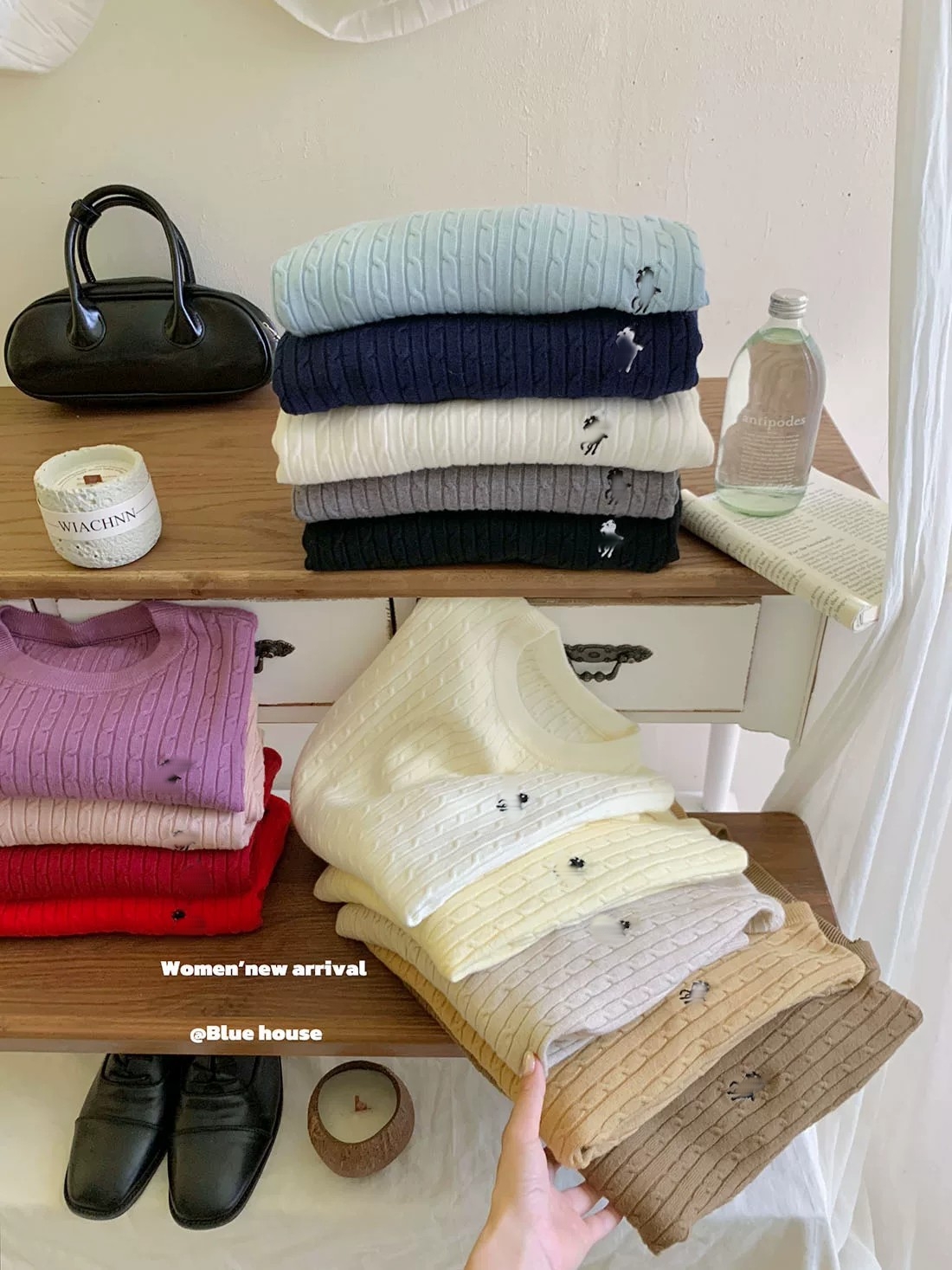 Korean Embroidered Crew Neck Cable Knit Sweater for Women - Style 44007e - Image 2