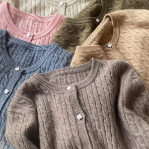 Women's Autumn Winter Round Neck Cashmere Cardigan Vintage Cable Knit Loose Sweater Coat
