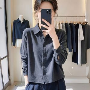 Women's Dark Gray Collared Button Shirt Early Autumn 2026 New Design High-End Light Luxury Top