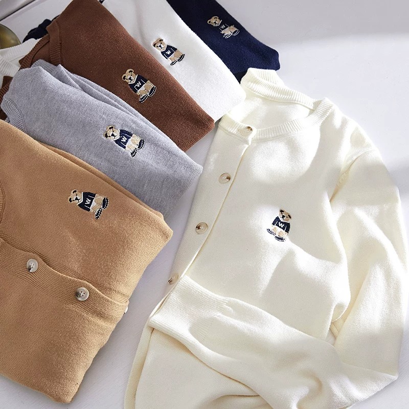 Embroidered Crew Neck Long Sleeve Cardigan Sweater Women Autumn Winter Loose Preppy Knit Top