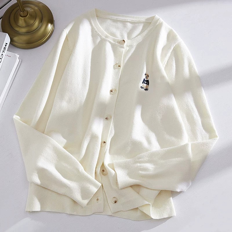 Embroidered Crew Neck Long Sleeve Cardigan Sweater Women Autumn Winter Loose Preppy Knit Top - Image 3