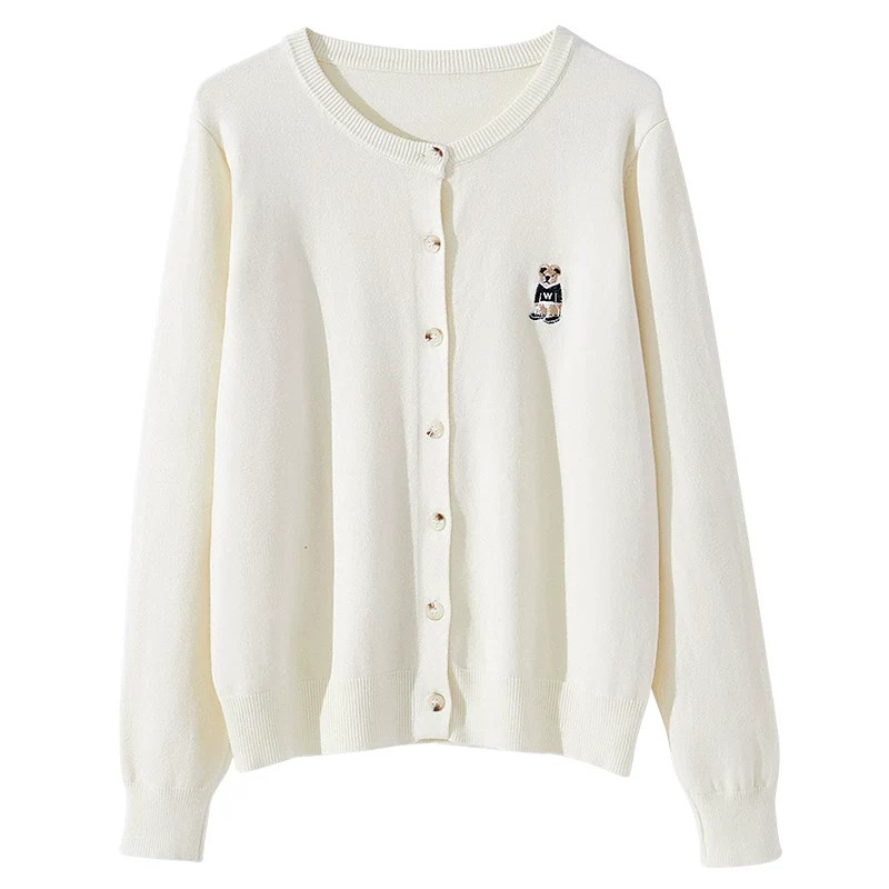 Embroidered Crew Neck Long Sleeve Cardigan Sweater Women Autumn Winter Loose Preppy Knit Top - Image 5
