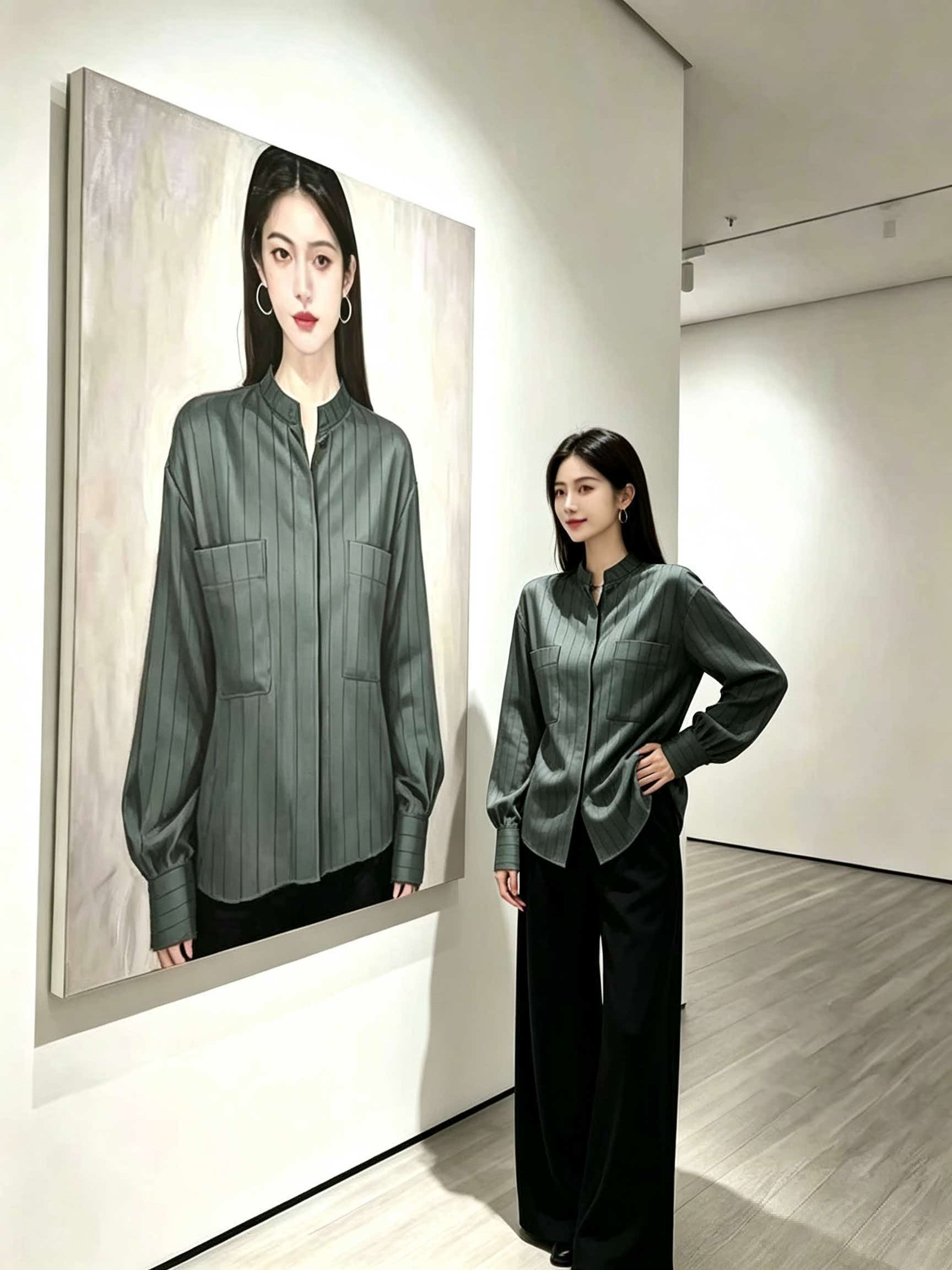Black Satin Stand Collar Striped Loose Shirt Women 2026 Autumn French Refined Light Mature High-End Top - Image 2