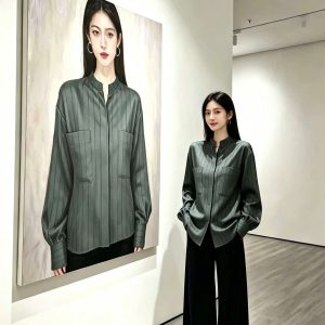 Black Satin Stand Collar Striped Loose Shirt Women 2026 Autumn French Refined Light Mature High-End Top
